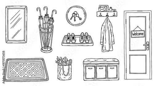 Black and white illustration of various bathroom accessories and fixtures.