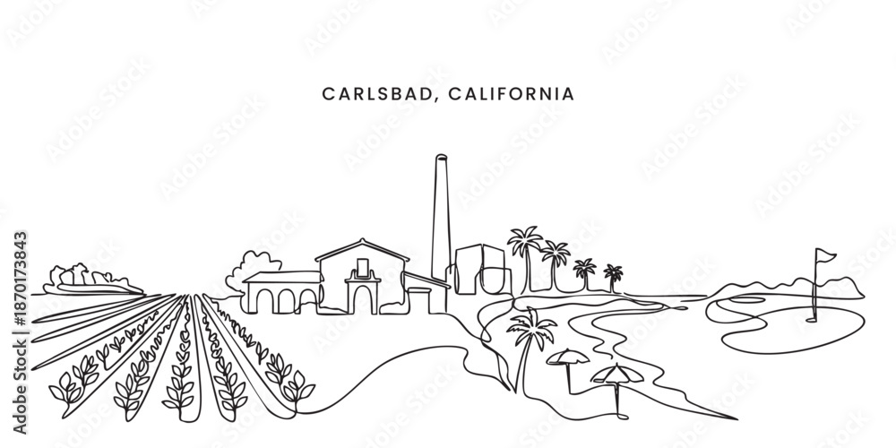 Obraz premium Carlsbad, California City Skyline Continuous Line Art with Flower Fields and Golf