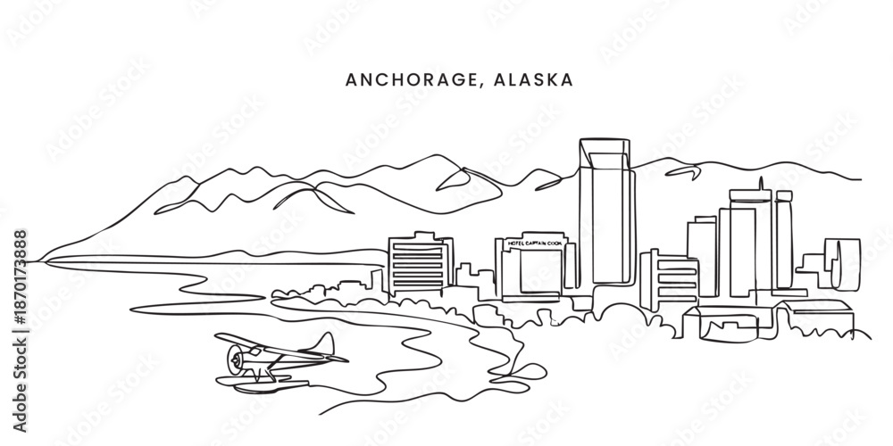 Obraz premium Anchorage, Alaska City Skyline Continuous Line Art with Mountains and Seaplane