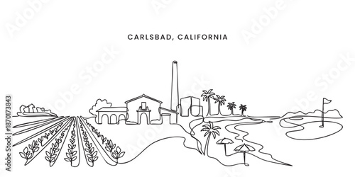 Carlsbad, California City Skyline Continuous Line Art with Flower Fields and Golf