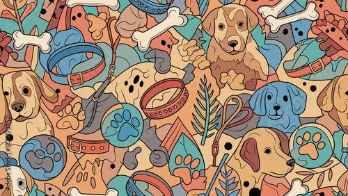 Colorful illustration of various dog breeds and pet accessories in a seamless pattern design