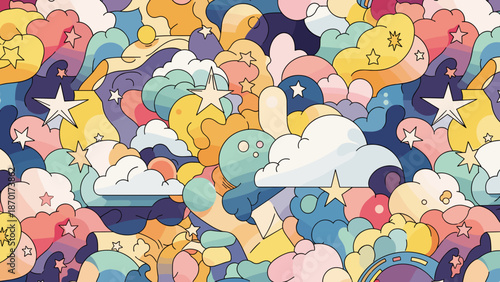 Colorful whimsical illustration of various cartoon clouds and celestial objects in different colors and shapes