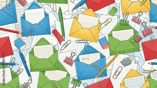 Colorful illustration of office supplies and envelopes on with paper notes