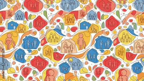 Colorful whimsical houses and shapes pattern with vibrant hues and playful designs
