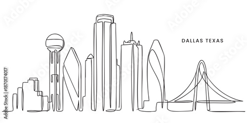 Dallas, Texas City Skyline Continuous Line Art with Reunion Tower and Bridge