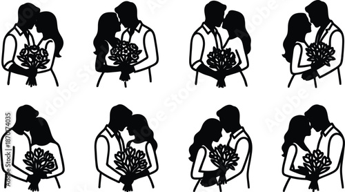 Couples kissing and embracing each other with flowers in hand  romantic gestures