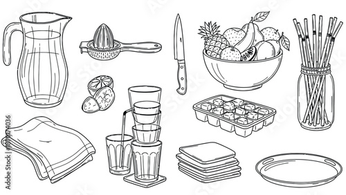 Kitchen utensils and tableware set in simple line art style.