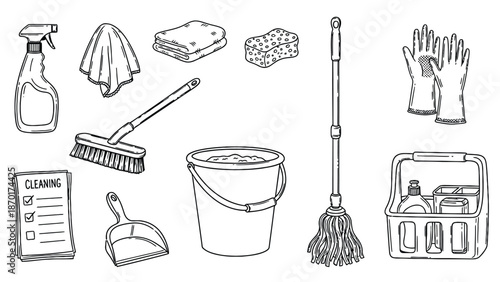 Cleaning supplies and equipment for household chores and maintenance.
