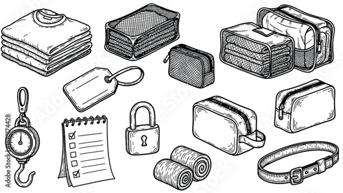 Assorted travel and camping accessories illustration.