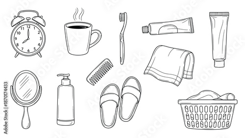 Collection of bathroom and morning routine items.