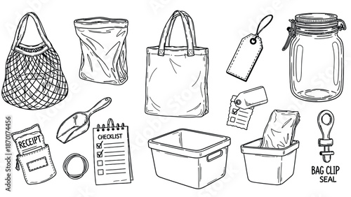 Reusable bags and containers for zero waste shopping and storage.