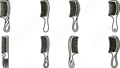 Eight black and white illustrations of various combs for hair care on white background