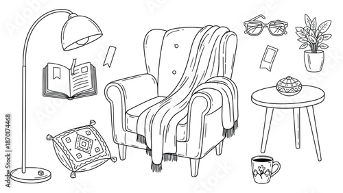 Cozy armchair with lamp, book, and accessories in a relaxing setting.