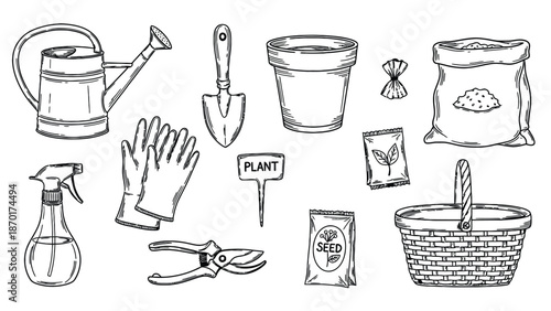 Gardening tools and supplies illustration set.