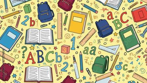 Colorful school supplies and education icons on yellow background with letters and numbers
