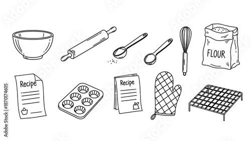 Baking utensils and ingredients illustration set.
