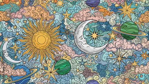 Vibrant illustration of planets, sun, moon, and stars in a colorful cosmic scene with clouds and celestial bodies