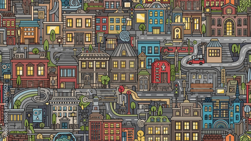 Colorful illustration of a bustling city neighborhood with various buildings and streets
