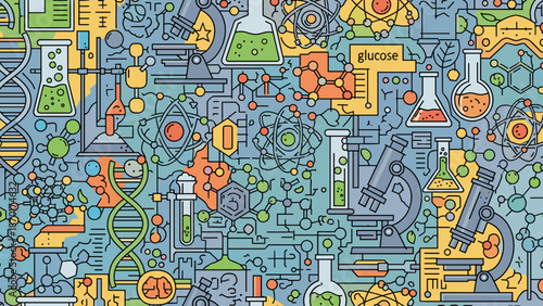 Colorful illustration of various science and laboratory elements in a seamless pattern design