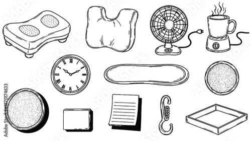 Collection of simple black and white line drawings of various household items and objects.