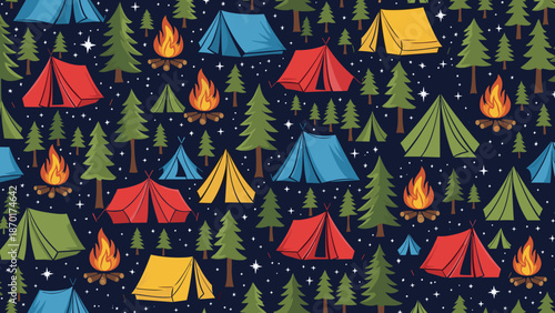 Colorful camping scene with tents and campfires under starry night sky with pine trees