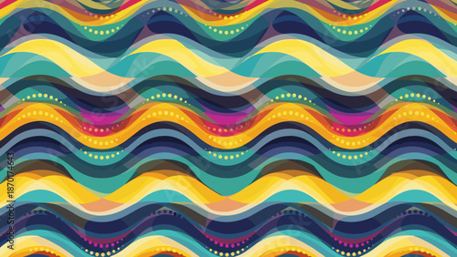 Vibrant wavy lines in shades of blue, green, yellow, and pink