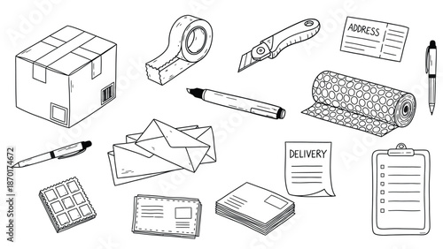 Collection of shipping and delivery related icons and stationery.