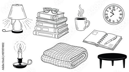 Cozy reading elements with lamp, books, and blanket.