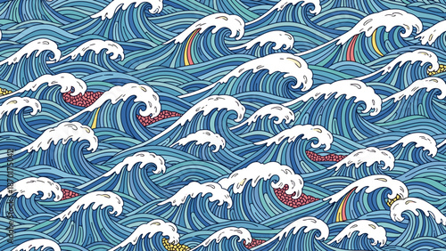 Vibrant ocean waves with colorful surfboards riding the swells in a seamless pattern