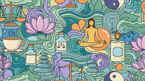 A colorful illustration of a meditating person surrounded by yoga and wellness items in a swirling pattern