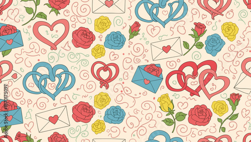 Colorful whimsical pattern with hearts, roses, and gift boxes on cream background