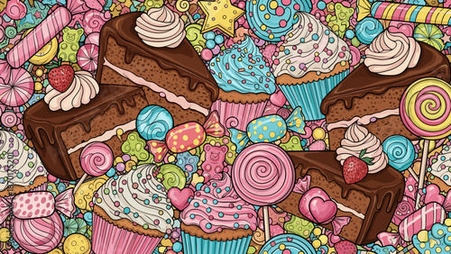 Colorful assortment of sweet treats and desserts including cupcakes and candies