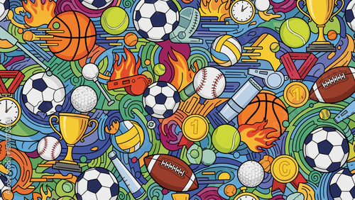 Vibrant illustration of various sports equipment and trophies in colorful swirling patterns and designs together