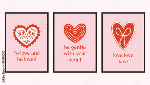 Vector set of romantic cards with decorative hearts and handwritten love quotes. Cute Valentine designs in soft pink and red, perfect for greeting cards, prints, and gifts.