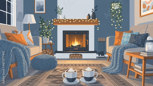 Cozy Living Room with Fireplace and Hot Cocoa