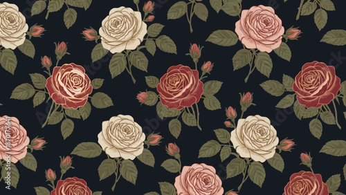 Seamless Vintage Rose Floral Pattern on Dark Background for Textile and Wallpaper Design