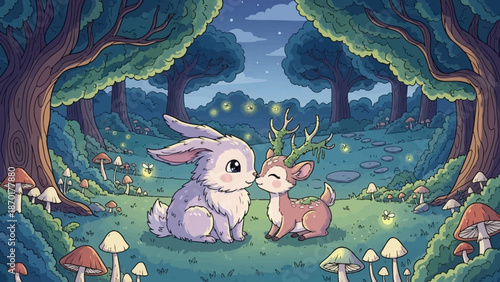 Enchanted forest friends A rabbit and a fawn share a tender moment under the moonlight