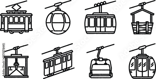 Various cable car and tram icons in line art style  transportation symbols