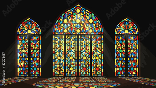 Vibrant Stained Glass Windows Illuminating Dark Interior with Colorful Light Patterns