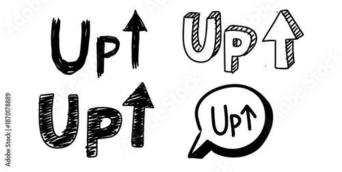 Set of up doodle words vector for motivation designs. Ideal for growth charts, positive directions, rising trends, and hand-drawn arrow texts.