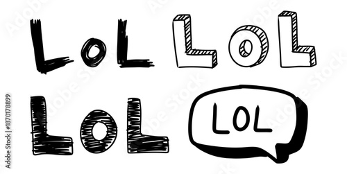 Set of lol doodle words vector for funny chats. Ideal for laughter text, comic bubbles, social media humor, and hand-drawn slang stickers.