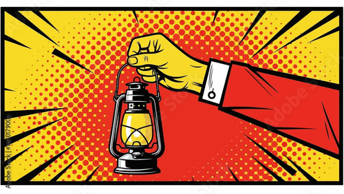 Comic Book Style Hand Holding Glowing Vintage Lantern - Pop Art Background