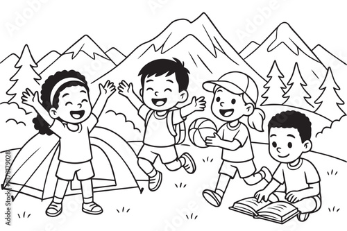 A simple vector illustration of four children camping outdoors, playing happily near a tent, expressing friendship, adventure, nature exploration, teamwork, and joyful childhood outdoor activities.
