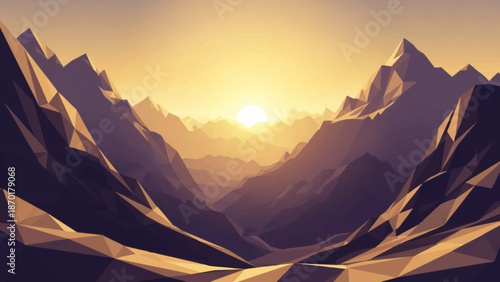 Geometric Mountain Landscape Sunset Low Poly Valley with Golden Sun and Abstract Peaks