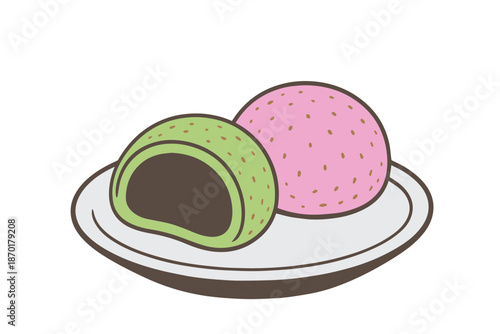 A vector illustration of two mochi cakes, one strawberry flavored and one green tea flavored, designed with soft shapes and sweet details to express dessert freshness and Japanese snack culture.
