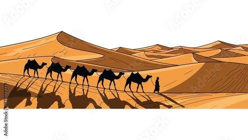 Camel Caravan Journey Across Golden Desert Dunes