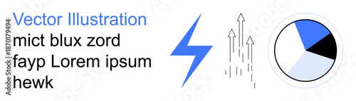 Business growth, energy solutions, data analytics, progress visualization, digital strategy, technology. Blue lightning bolt, upward arrows segmented pie chart. Growth and energy solutions concept