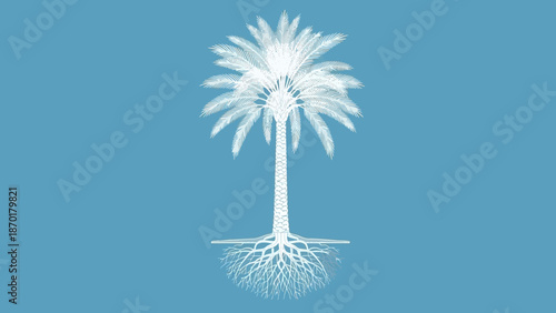 White Palm Tree Illustration with Detailed Roots on Blue Background