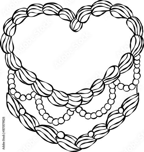 Vintage heart shape cake with pearls Outline, whimsical retro hand drawn doodle