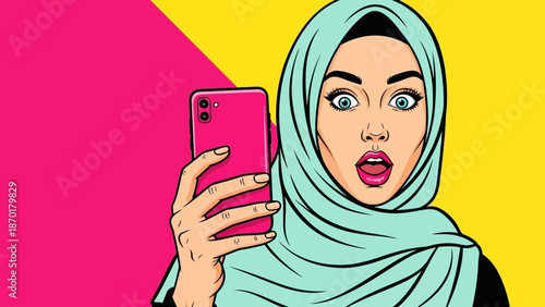 Surprised Woman in Hijab Taking a Selfie with Her Phone
